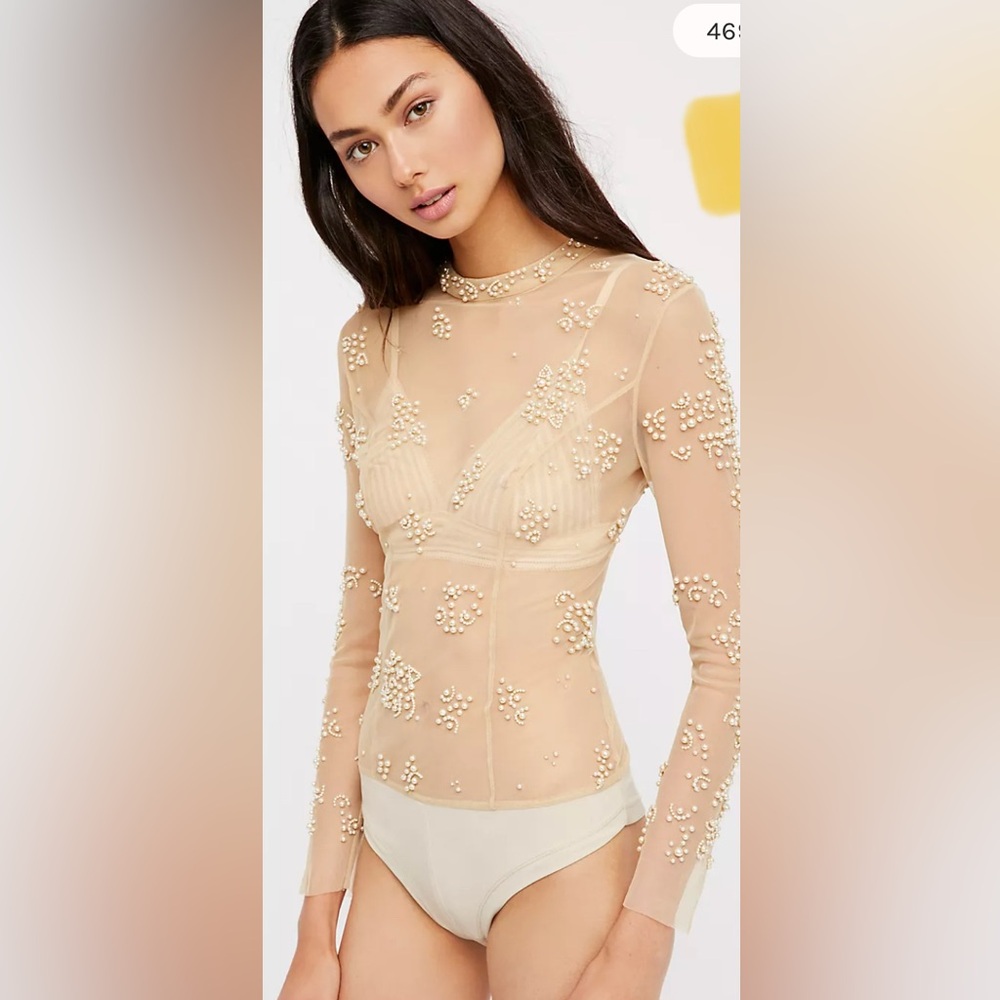 Free People Nude Pearl Embellished Bodysuit